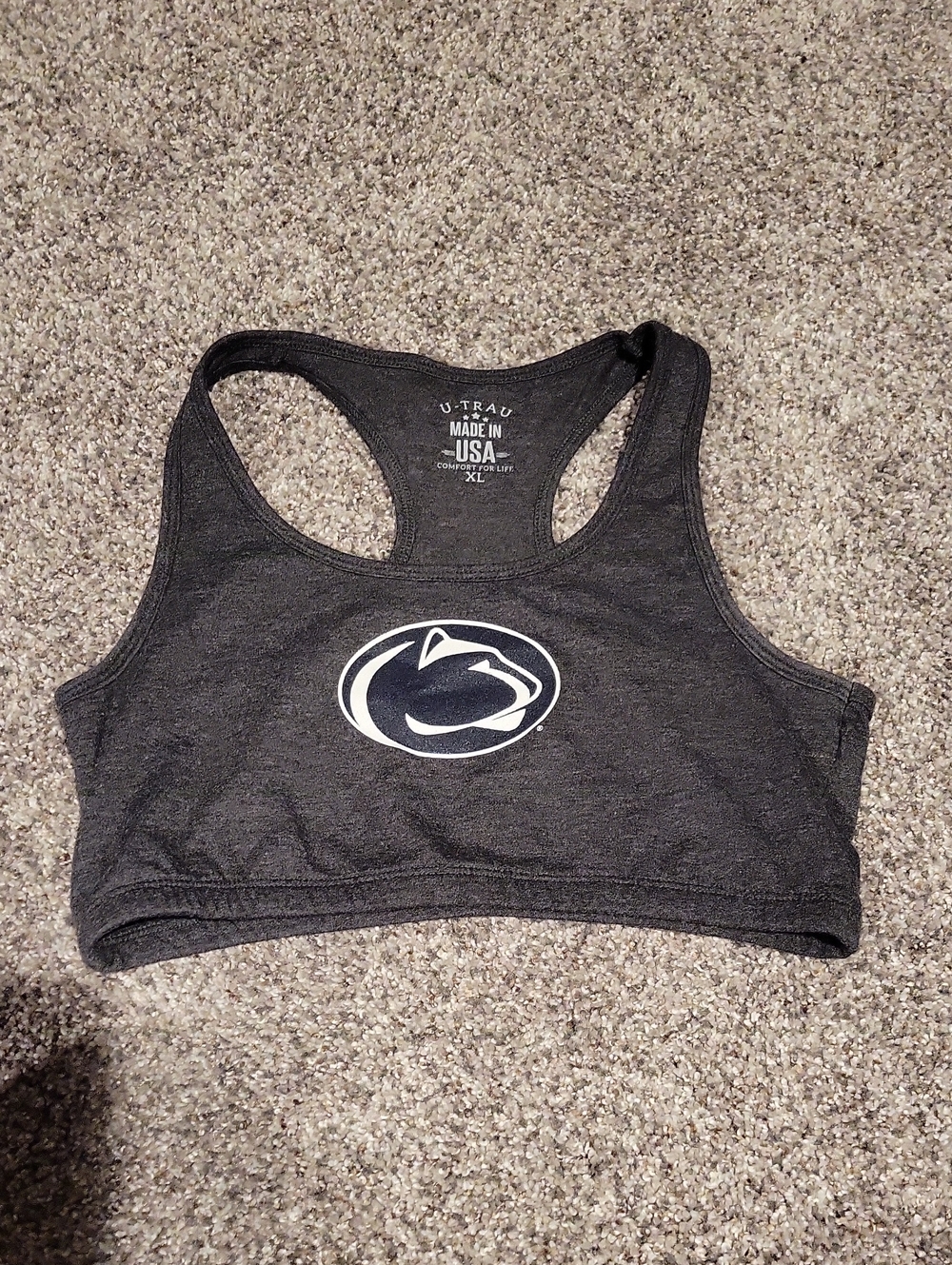 Dk Gray Racerback Cotton/Lycra Sports Bra with White Penn State Logo